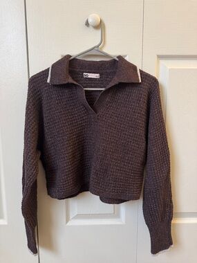 SO Brown Textured V-Neck Collared Sweater with Cream Trim